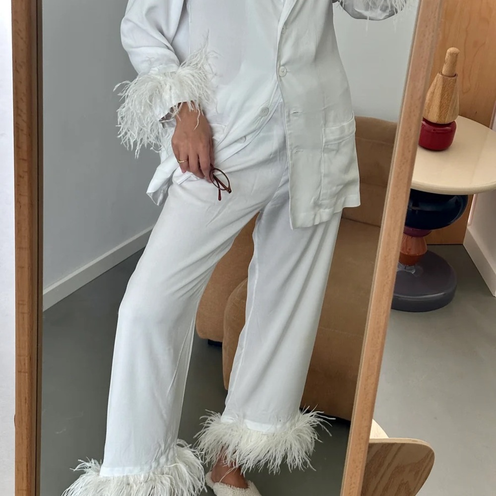 Sleeper white party pajamas set with detachable feather trim pajama